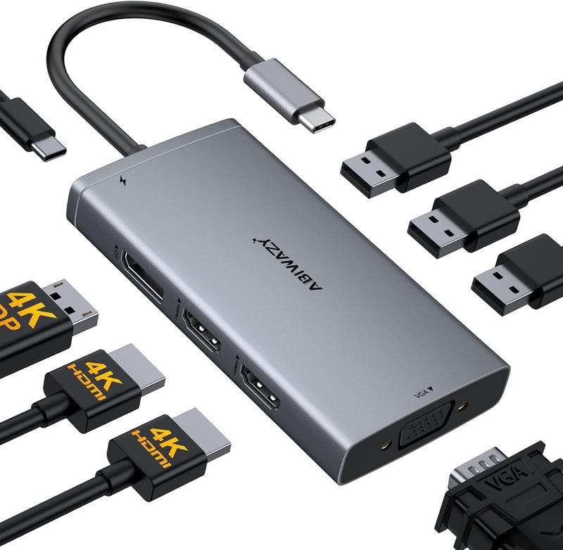 ABIWAZY محطة إرساء USB C لمحول الشاشة المزدوجة لأجهزة Dell و HP المحمولة محطة إرساء 3 شاشات عرض رباعية USBC Hub Dongle إلى 4K HDMI، DP، VGA، 3 USB2.0، 100W PD، محطة USB-C لجهاز Lenovo، Surface - Image 1
